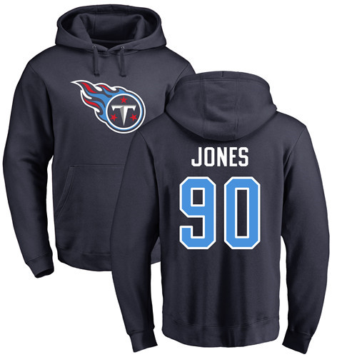 Tennessee Titans Men Navy Blue DaQuan Jones Name and Number Logo NFL Football #90 Pullover Hoodie Sweatshirts